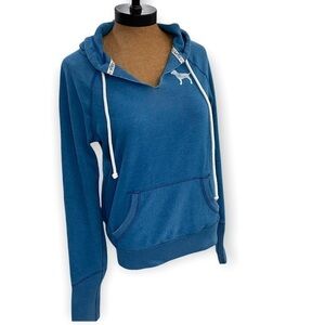 Victoria’s Secret Pink Blue Star Hoodie, kangaroo pocket, drawstring cut v-neck 